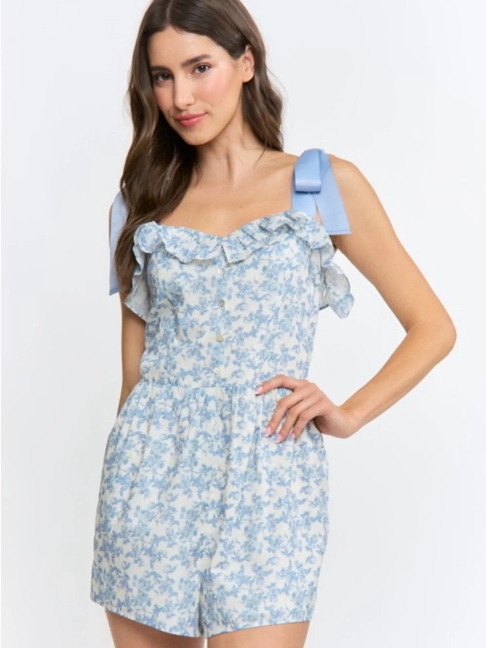 Camellia Boutique Blue Floral Tie-Shoulder Romper